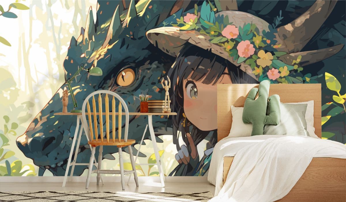 Anime Girl and Dragon Wallpaper shown in a room