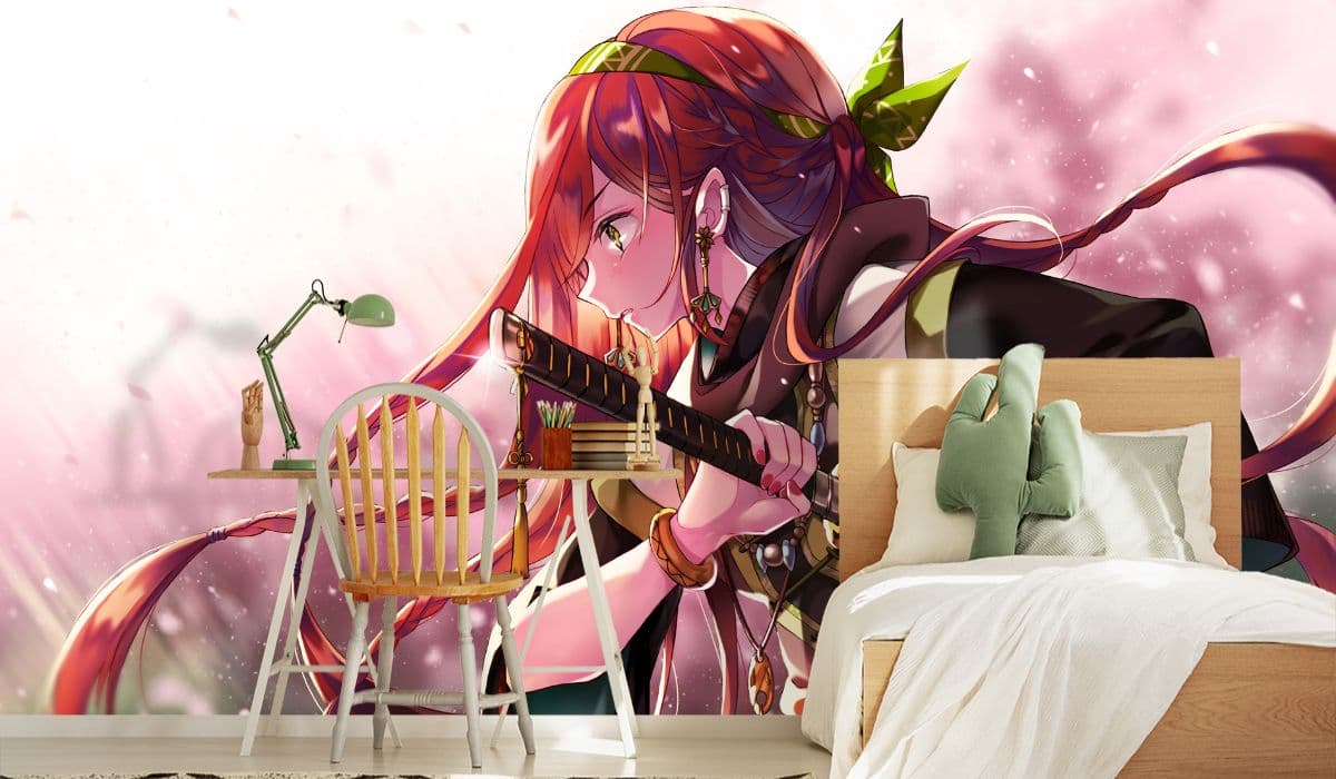 Anime Girl With Katana Wallpaper shown in a room