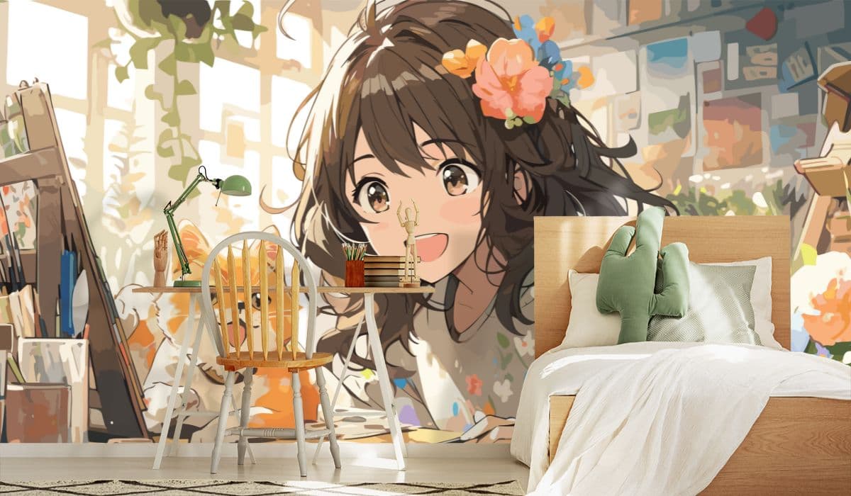 Creative Anime Girl and Cat Wallpaper shown in a room