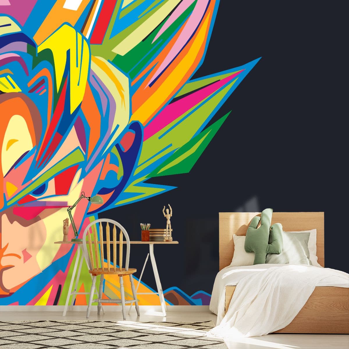 Goku Fierce Look Anime Wallpaper shown in a room