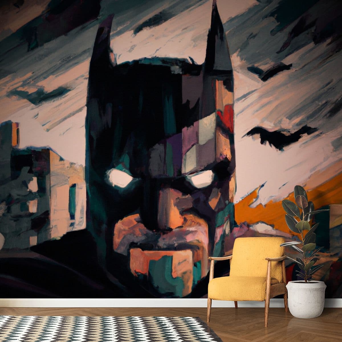 Batman Painting for Wall, Angry Batman Wallpaper shown in a room