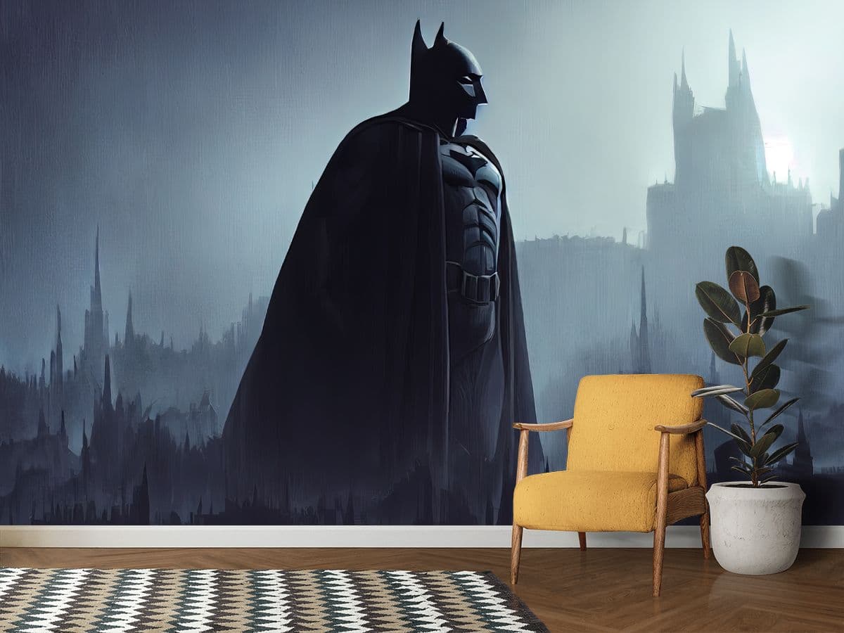 Modern Batman Night Cityscape Scene wallpaper shown in a room