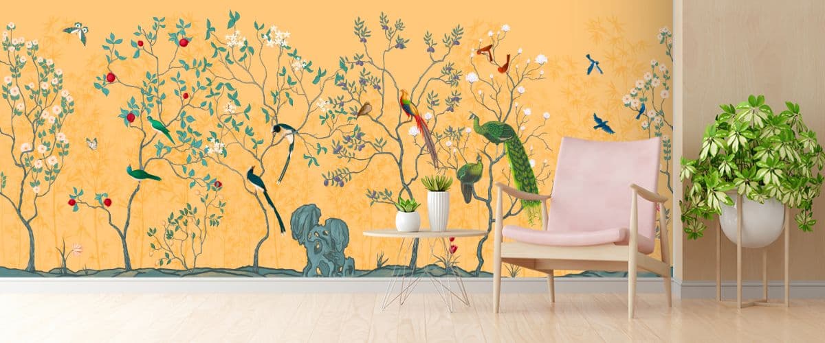 Orange Chinoiserie Wallpaper With Flowers and Birds shown in a room
