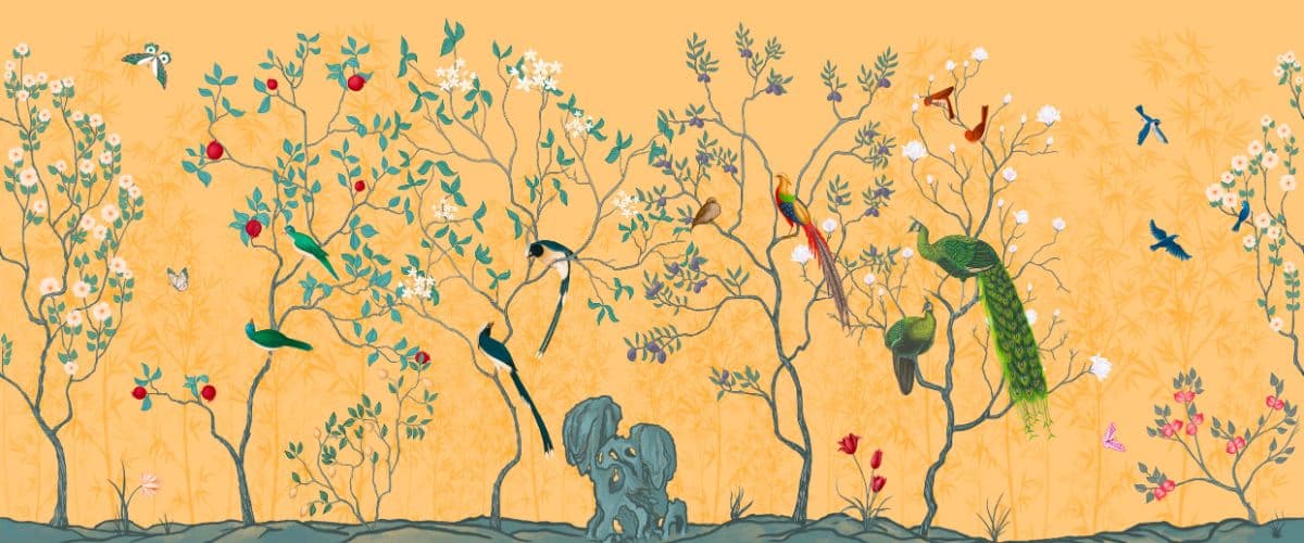 Orange Chinoiserie Wallpaper With Flowers and Birds pattern detail