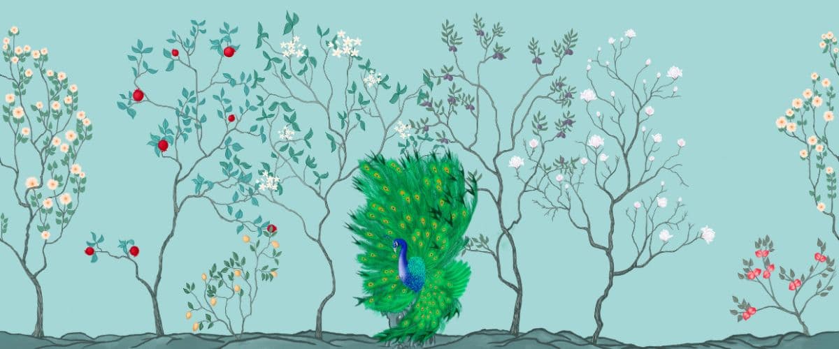 Chinoiserie Vintage Peacock and Floral Wallpaper pattern detail