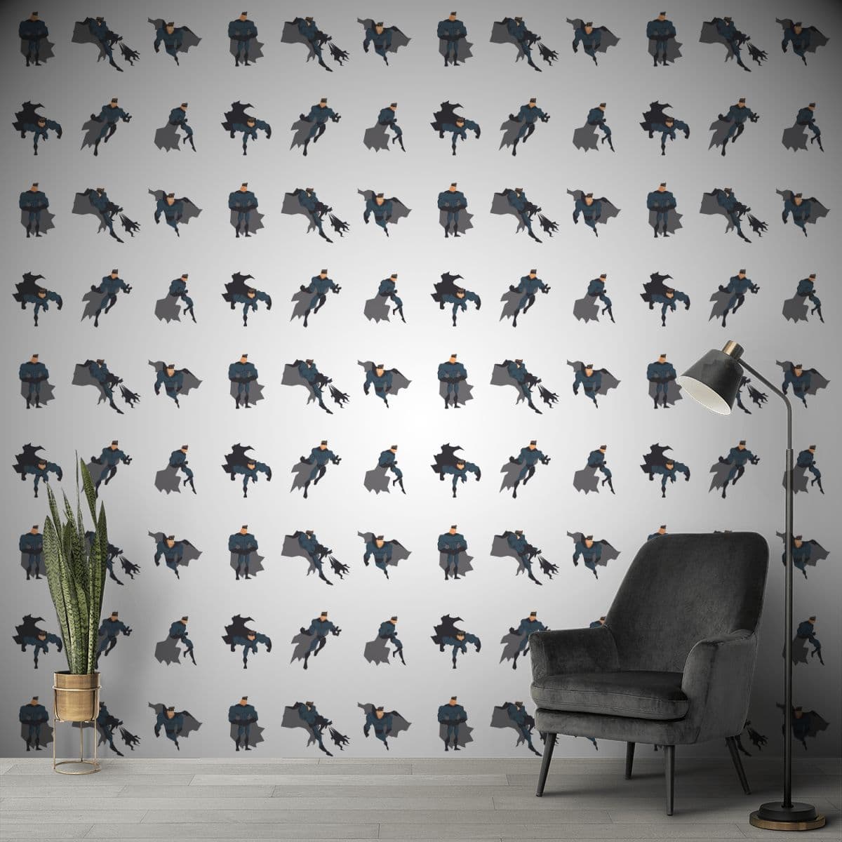 Batman Action Seamless, DC comic Wallpaper shown in a room