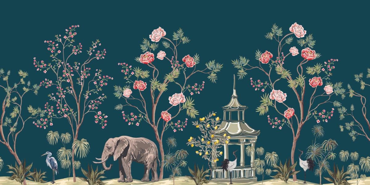 Tropical Vintage Chinoiserie Landscape Wallpaper pattern detail
