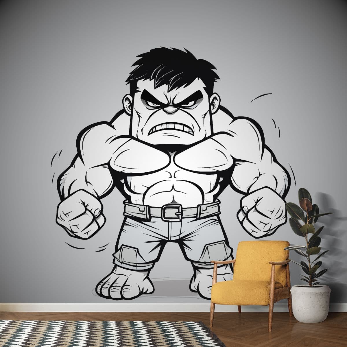 Hulk buster Magic Black and White Wallpaper shown in a room