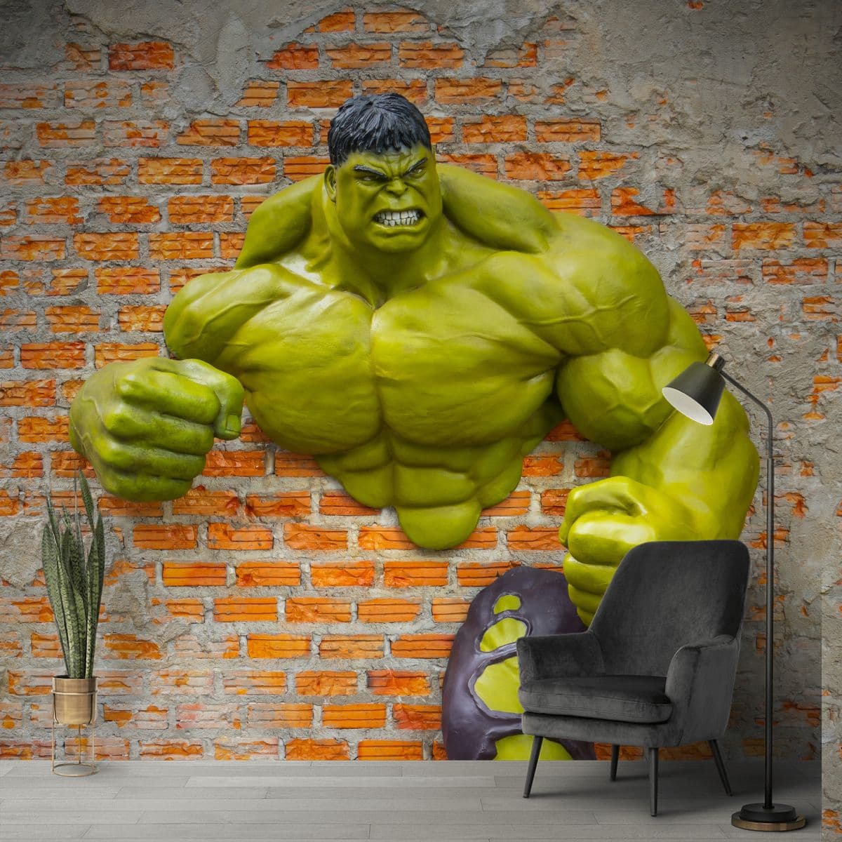 Hulk's Dominance 3D Wallpaper with Brick theme shown in a room
