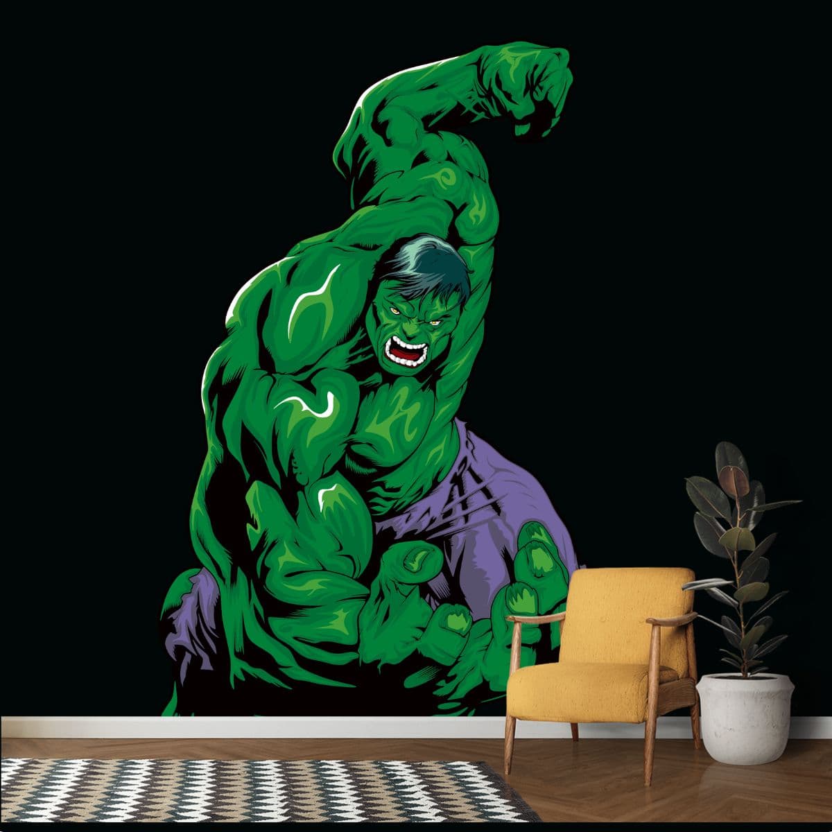 3D Hulk Overpowered Wallpaper for Wall shown in a room