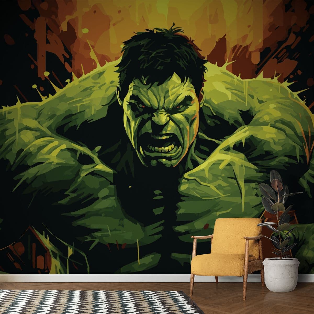 Angry Marvelous Hulk Hues with fire wallpaper for Walls shown in a room