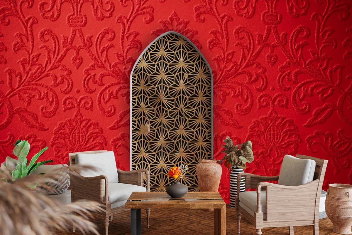 Christmas Cherry Red Floral Wallpaper Decor shown in a room