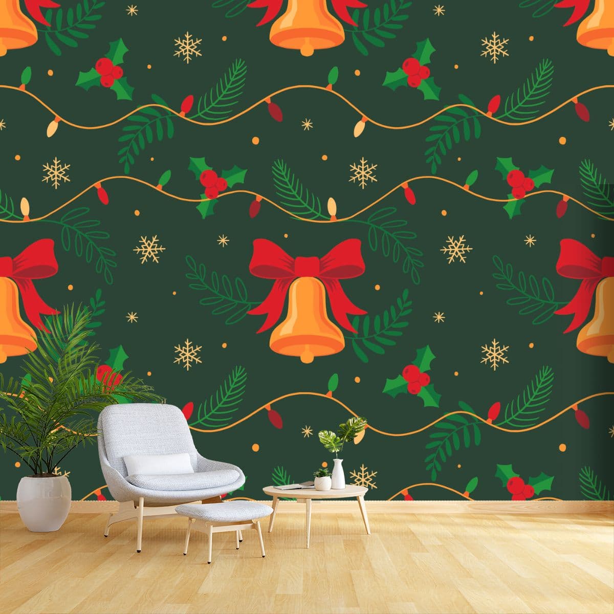 Christmas Lights and Bells Decor Wallpaper shown in a room