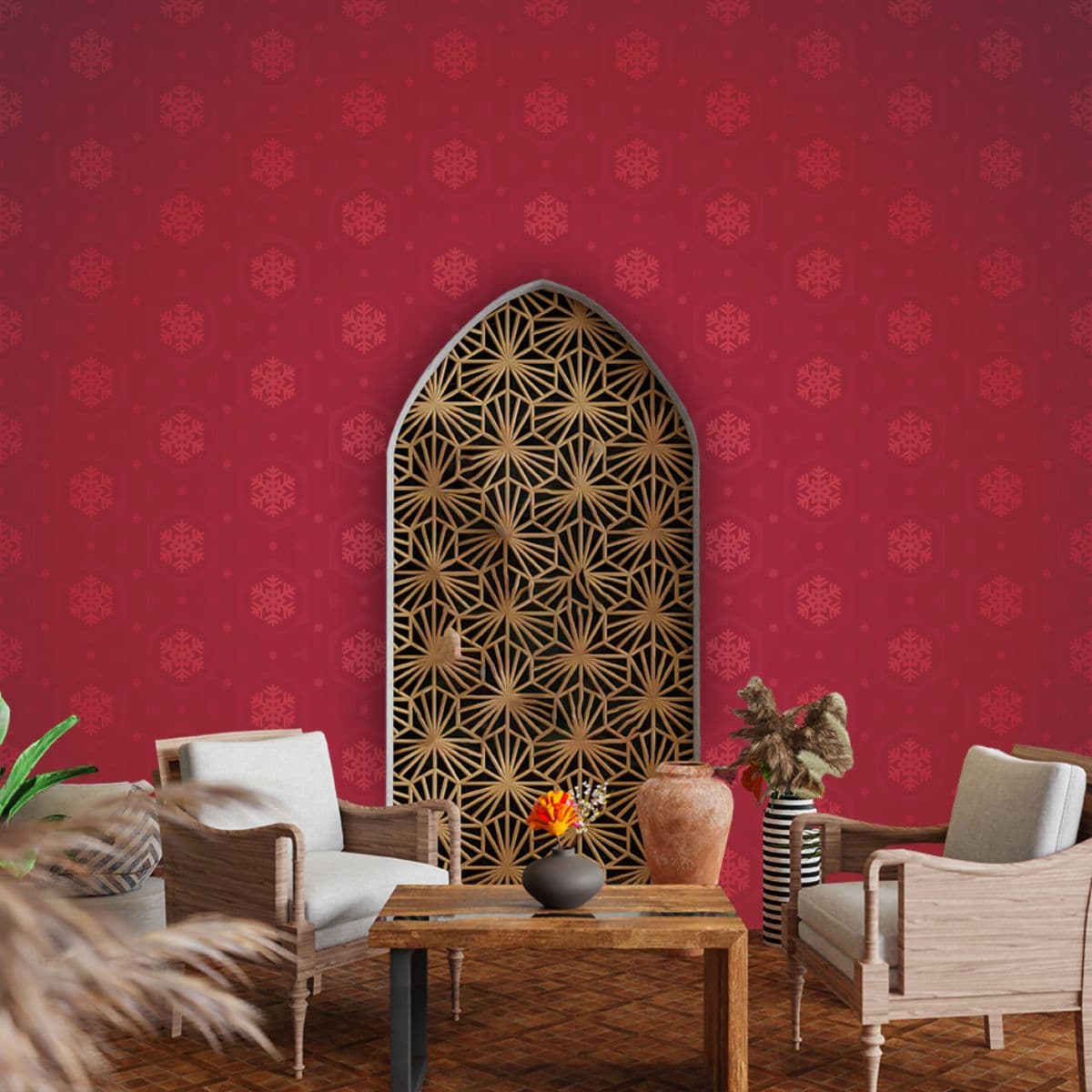 Christmas Red Snow Flakes Decor Wallpaper shown in a room