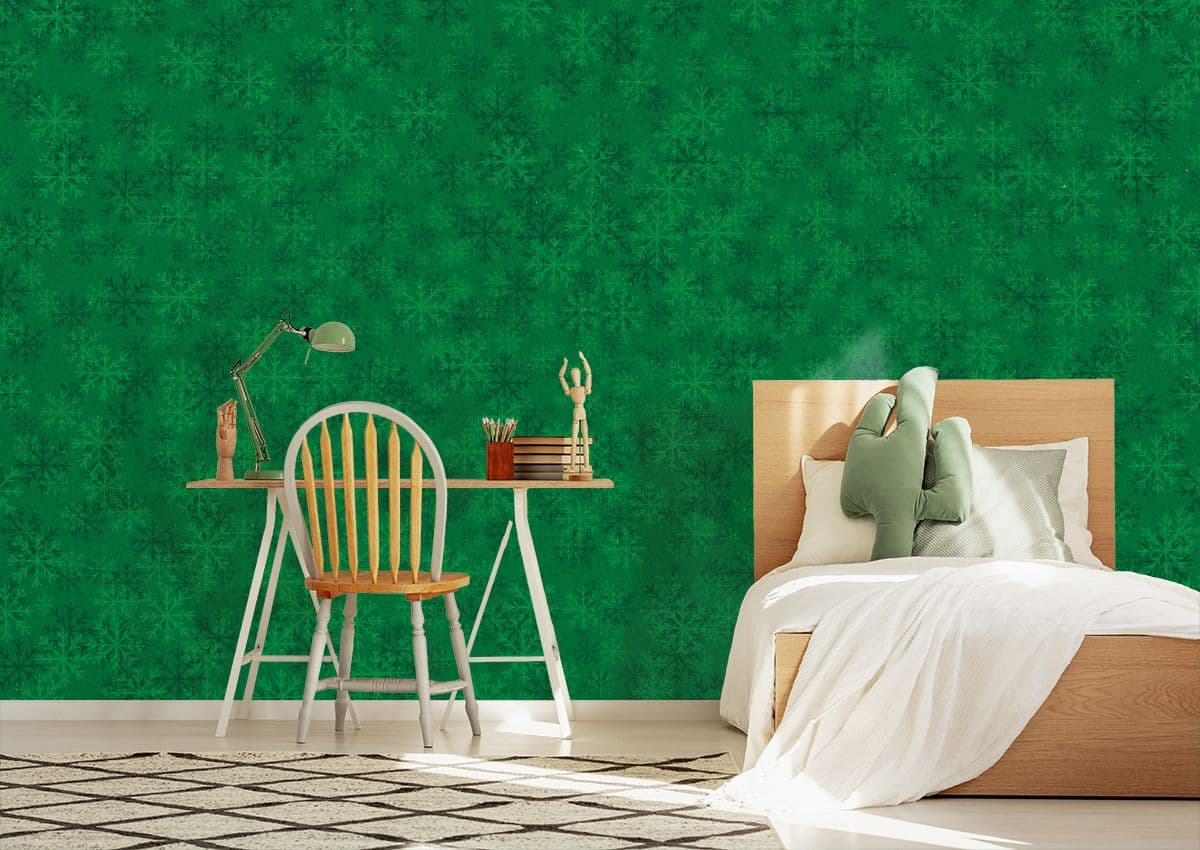 Green Snow Pattern Christmas Decor Wallpaper shown in a room