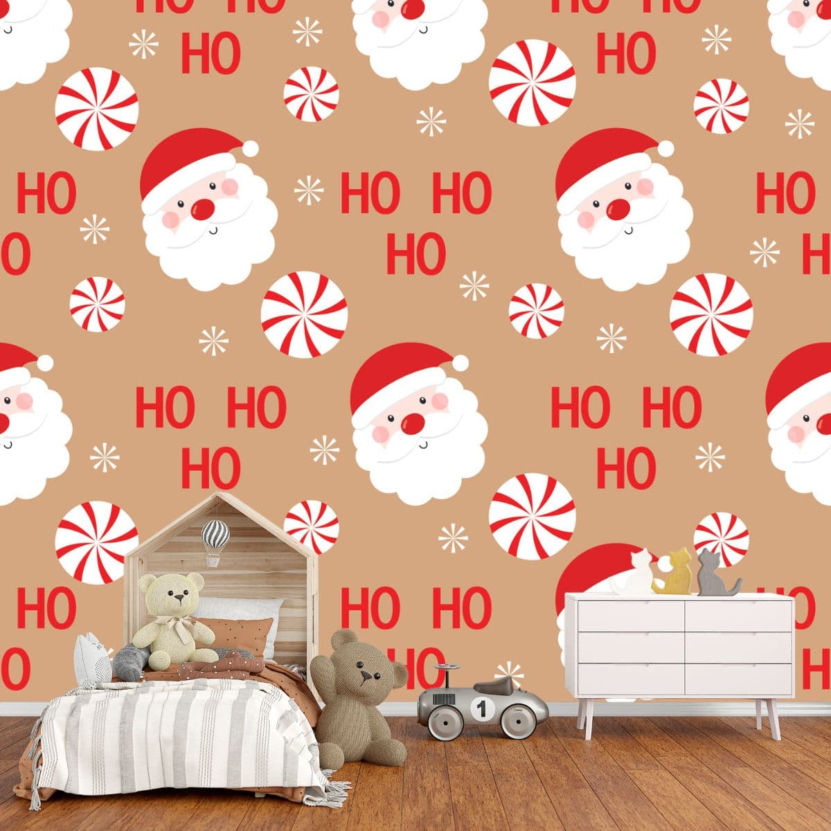 Ho Ho Santa Pattern Christmas Decor Wallpaper shown in a room