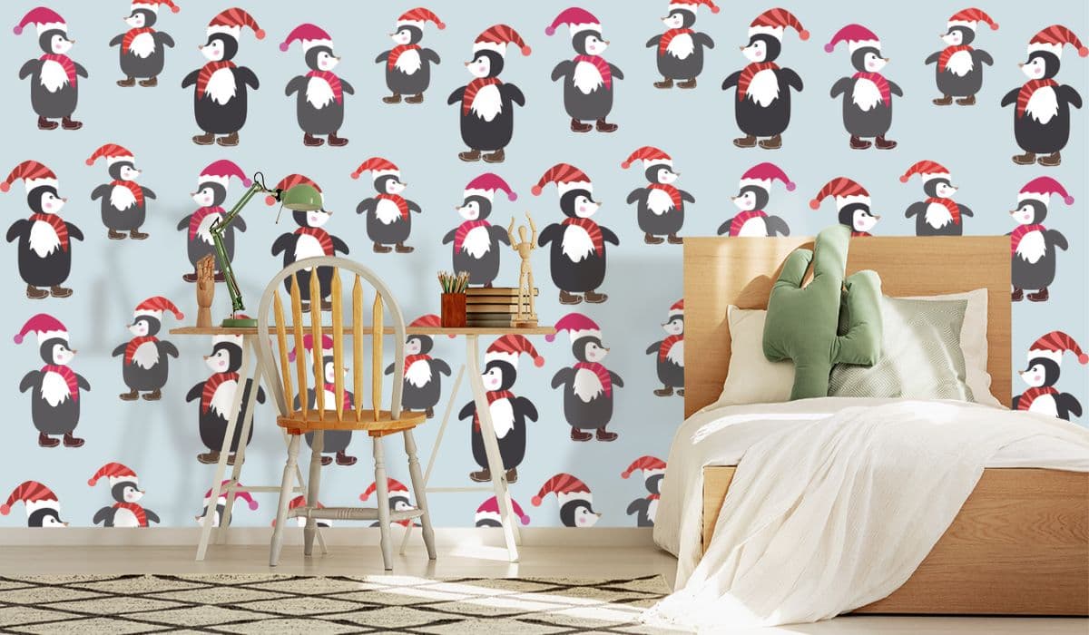 Penguin Pattern Christmas Decor Wallpaper shown in a room