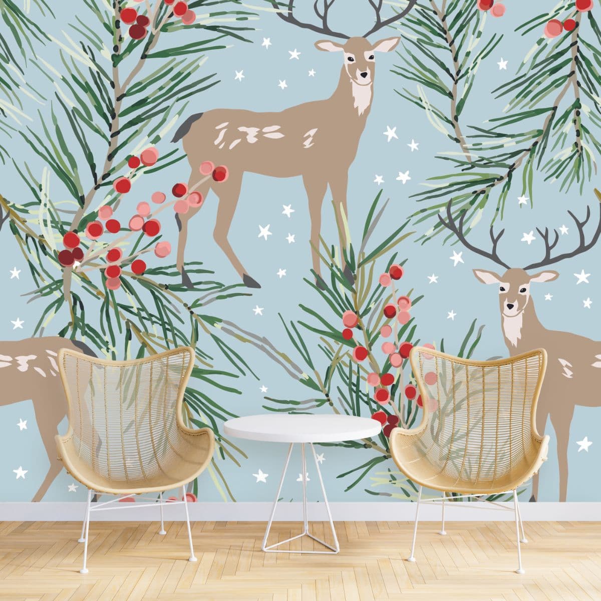 Reindeer Pattern Christmas Decor Wallpaper shown in a room