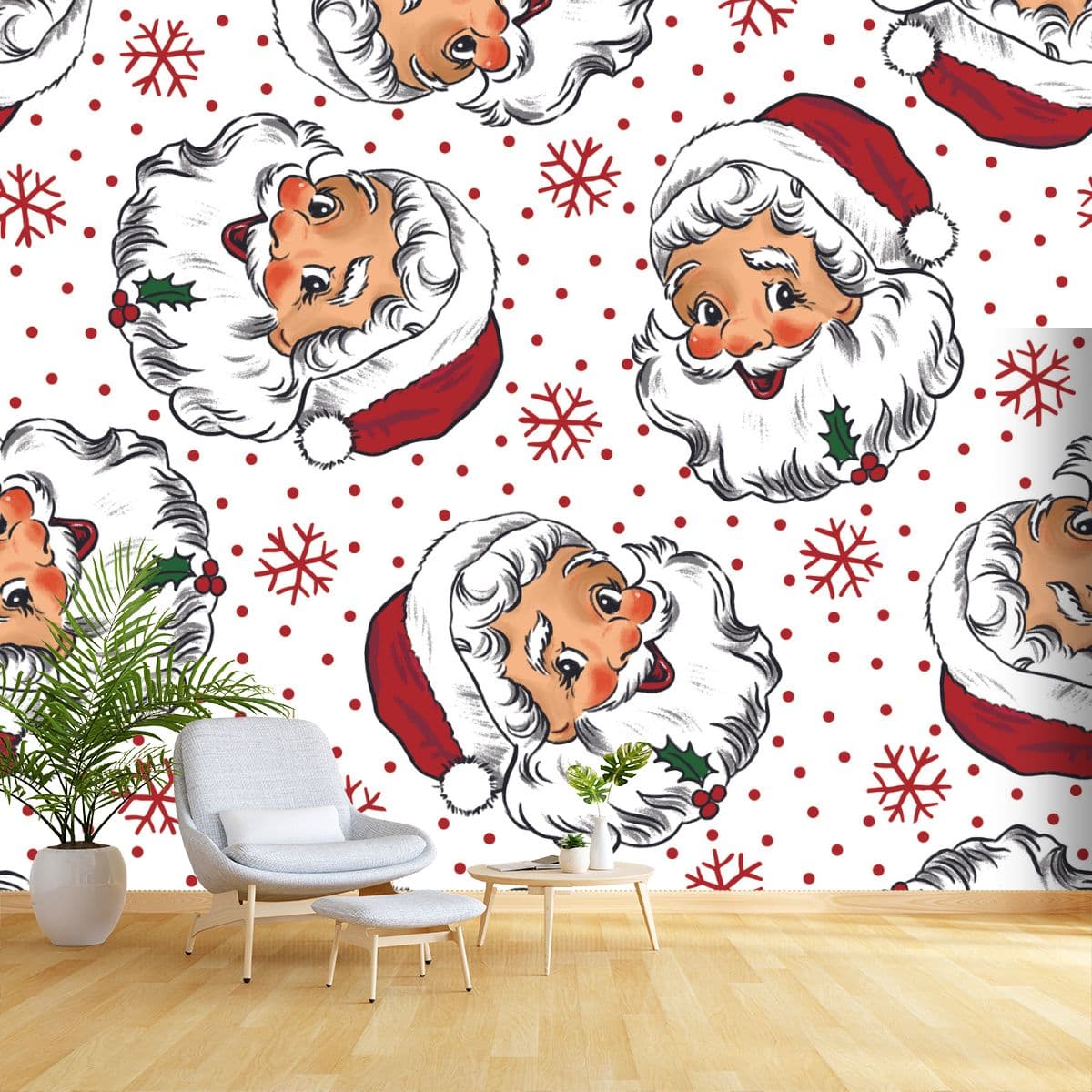 Santa Face Christmas Wallpaper Decor shown in a room