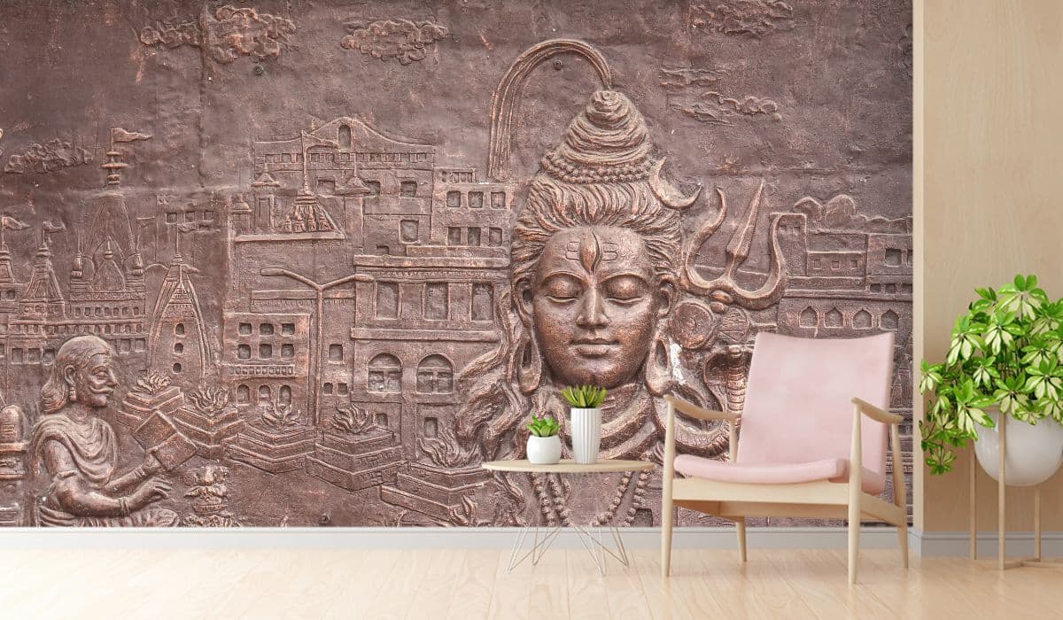 Wall Painting Style Wallpaper of Bhagwan Shiva shown in a room
