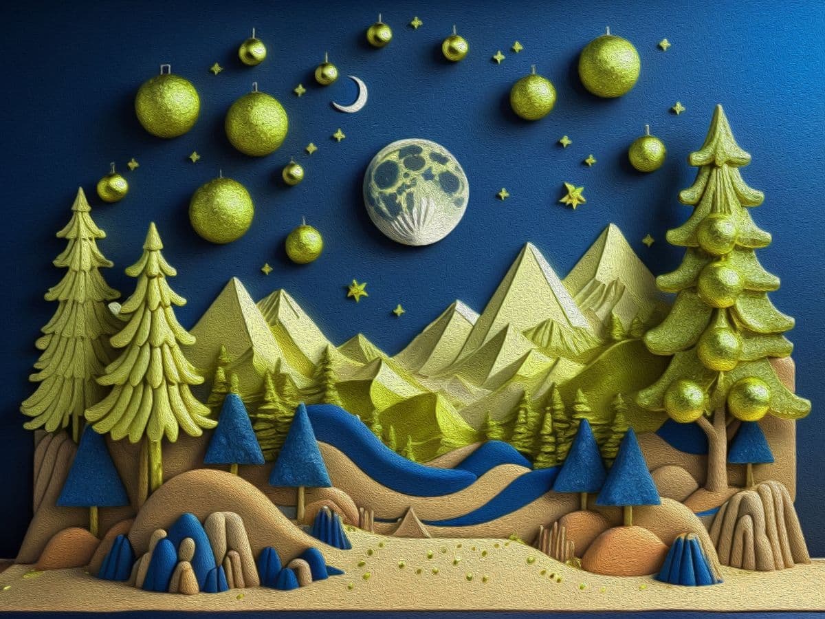 3D Christmas Tree and Mountains Mural Wallpaper pattern detail