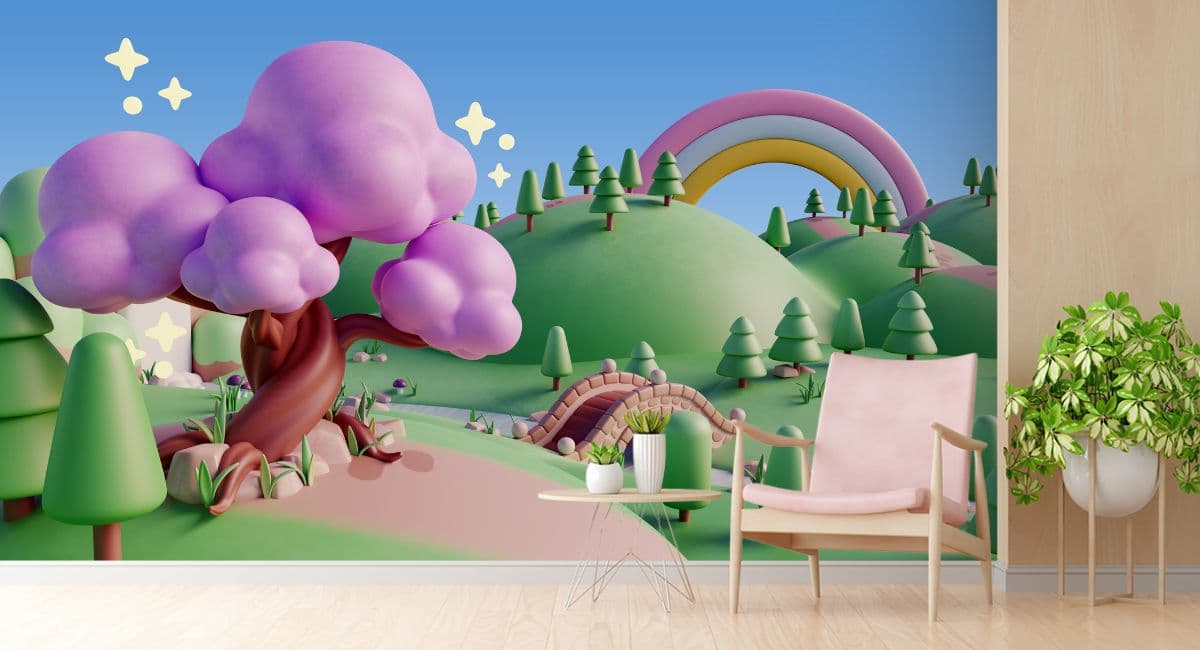 3D Pink Tree Wallpaper for Kids Room shown in a room