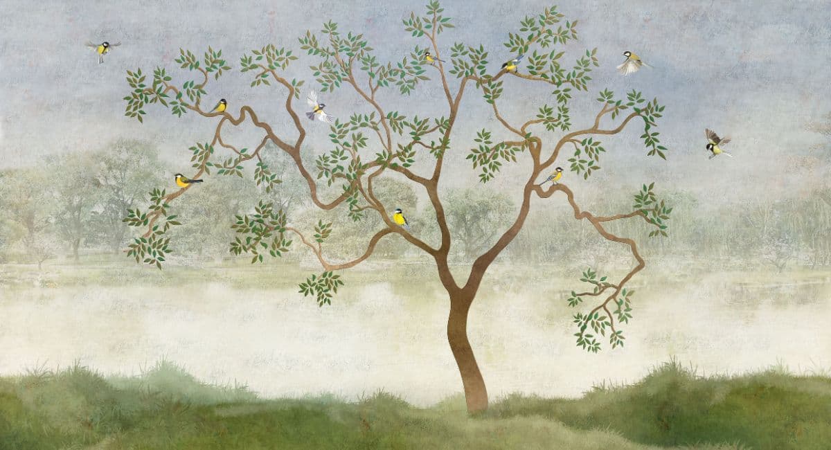 Tree Wallpaper With Japanese Landscape pattern detail