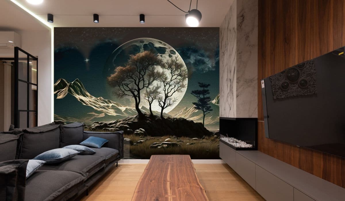 Trees and Moon Landscape Wallpaper for Wall shown in a room