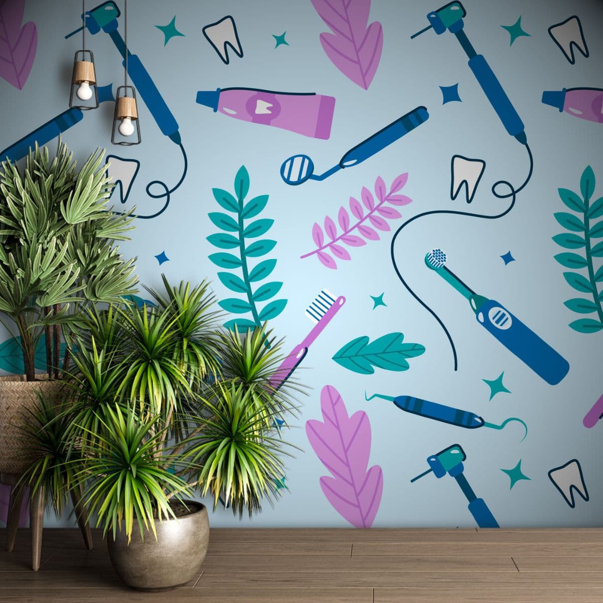 Seamless Dental Equipment Pattern Wallpaper shown in a room