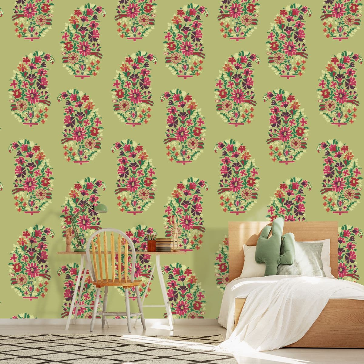Green Color Paisely Art Wallpaper for Wall shown in a room