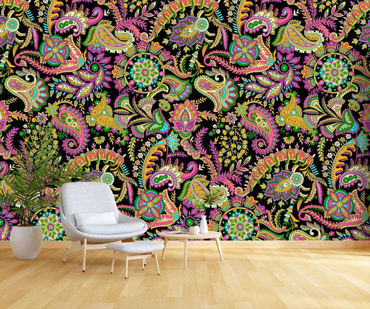 Indian Paisely Pattern Wallpaper for Home shown in a room