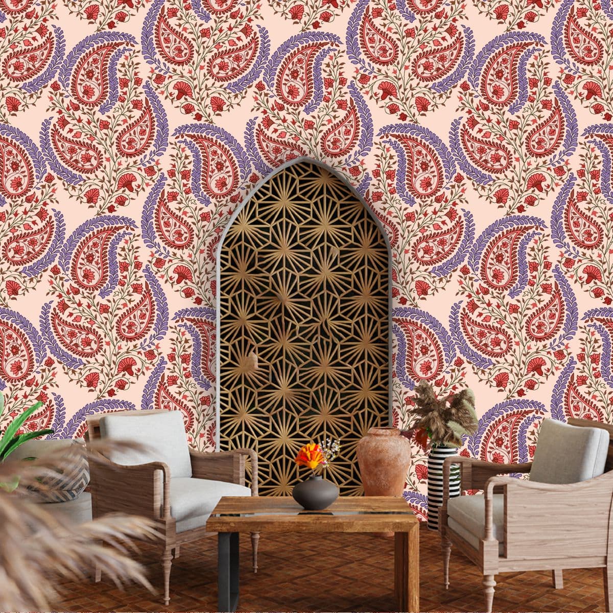 Red Color Paisley Art Wallpaper for Wall shown in a room