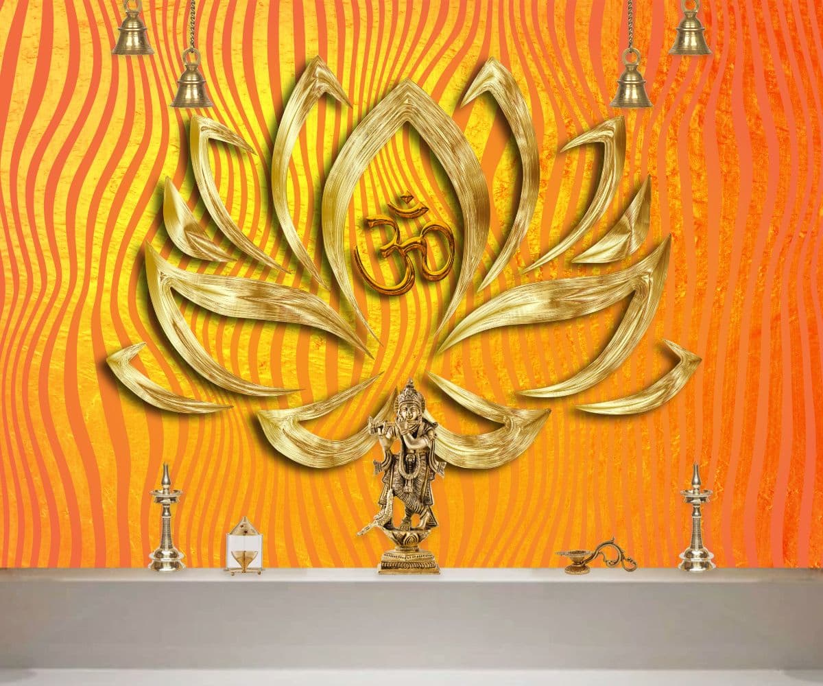 3D Effect Wallpaper of OM with Lotus for Wall shown in a room