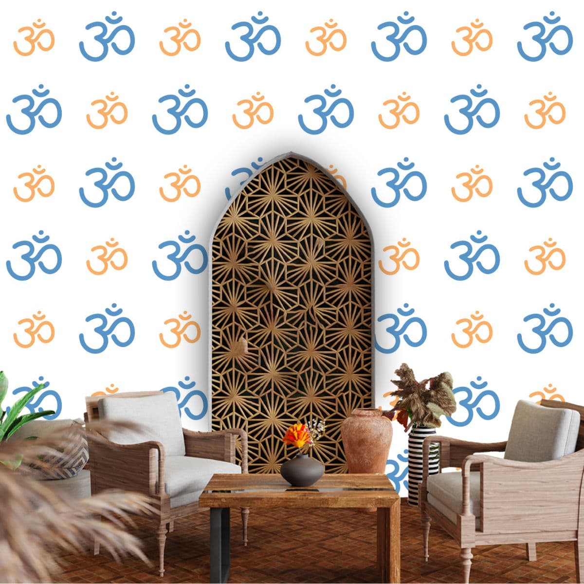 Om Sign Seamless Pattern Wallpaper for Wall shown in a room