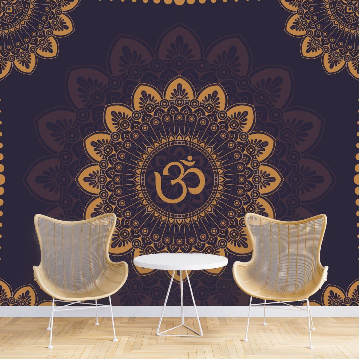 Om Symbol Golden Mandala Wallpaper for Wall shown in a room
