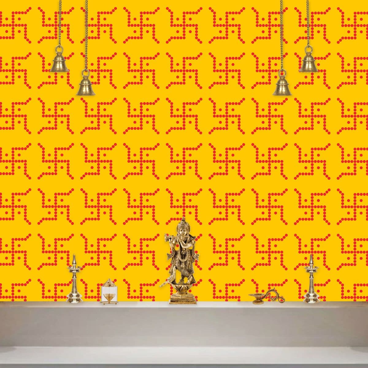 Swastik Wallpaper for Pooja Room, Mandir shown in a room