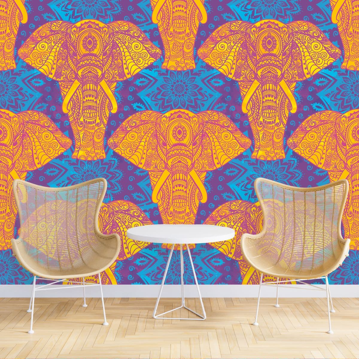 Mandala Style Elephant Wallpaper for Wall shown in a room