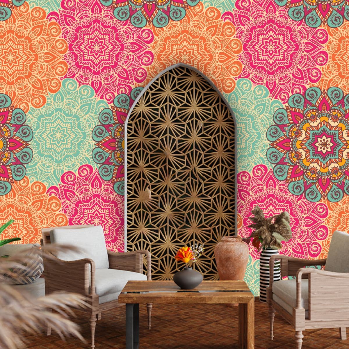 Multi Color Mandala Design Wallpaper for Wall shown in a room
