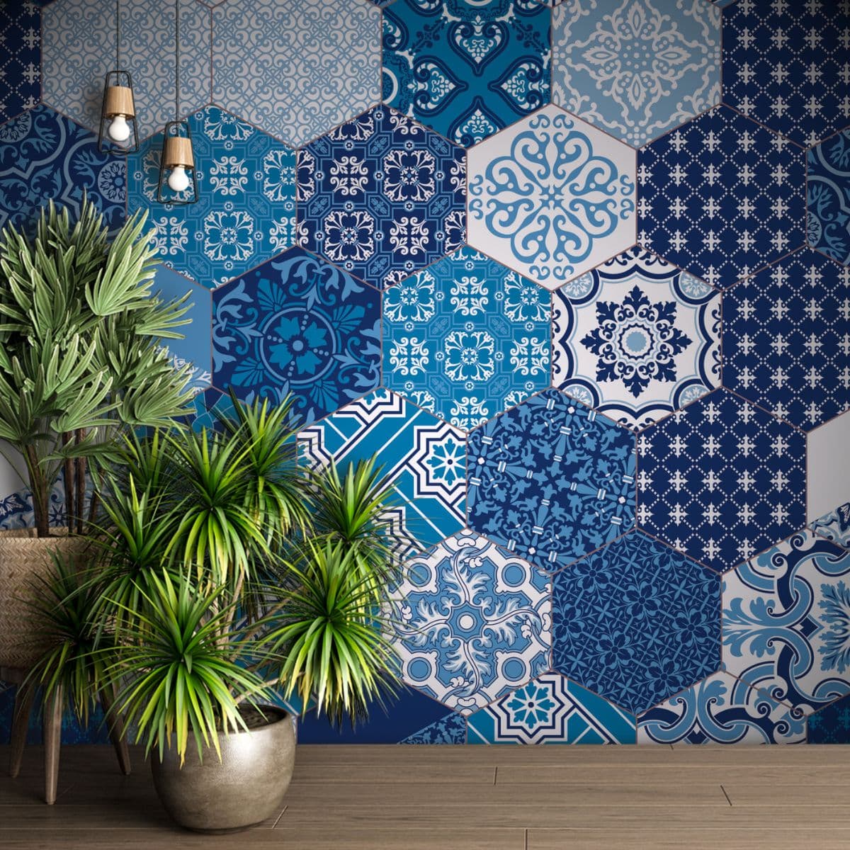 Monarch's Regal Velvet Damask Portuguese Tiles wallpaper shown in a room
