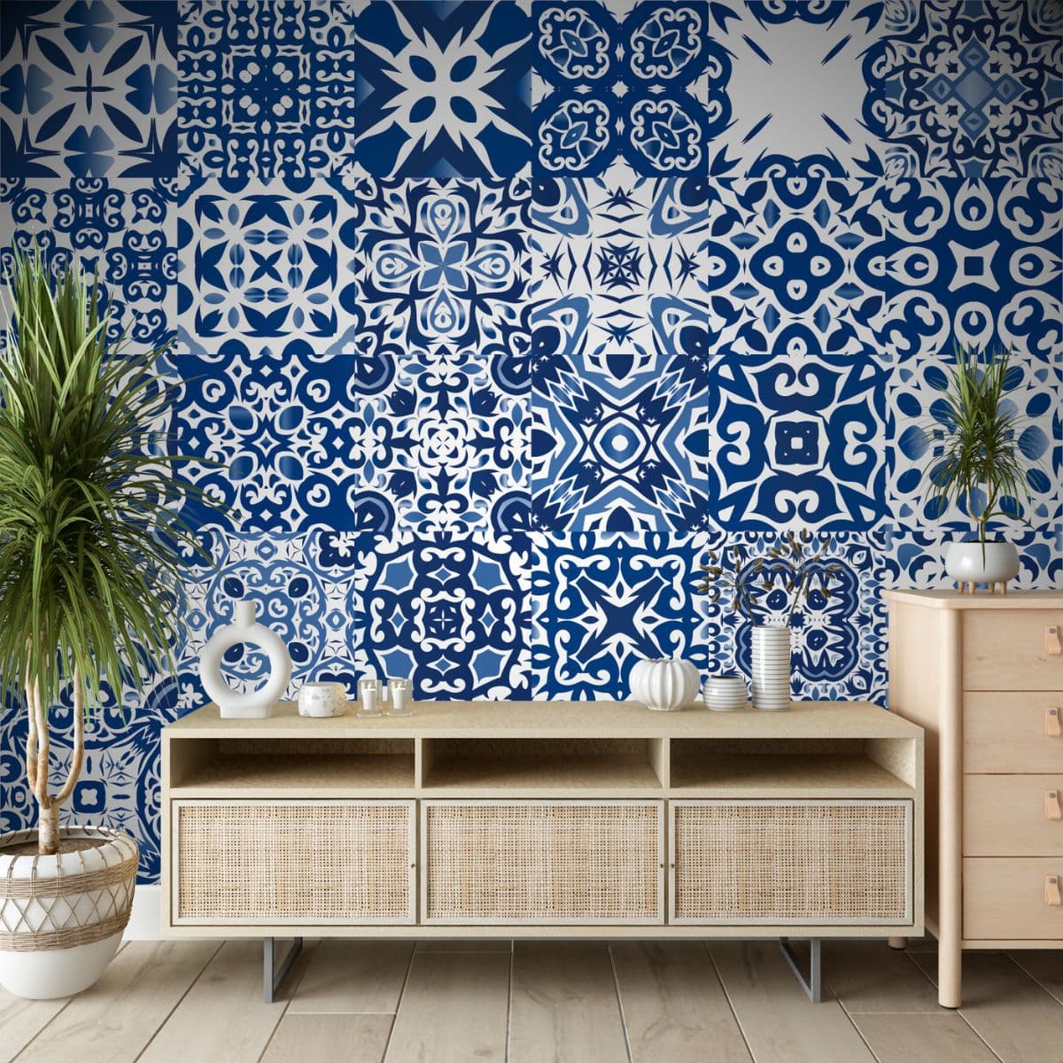 Blue Portuguese Tile Luxury Wallpaper Mural shown in a room