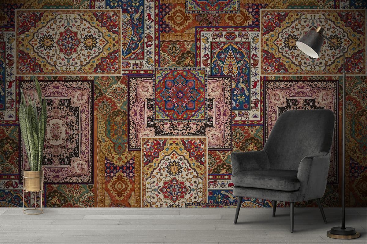 Vintage Rugs Patchwork Wallpaper for Living Room shown in a room