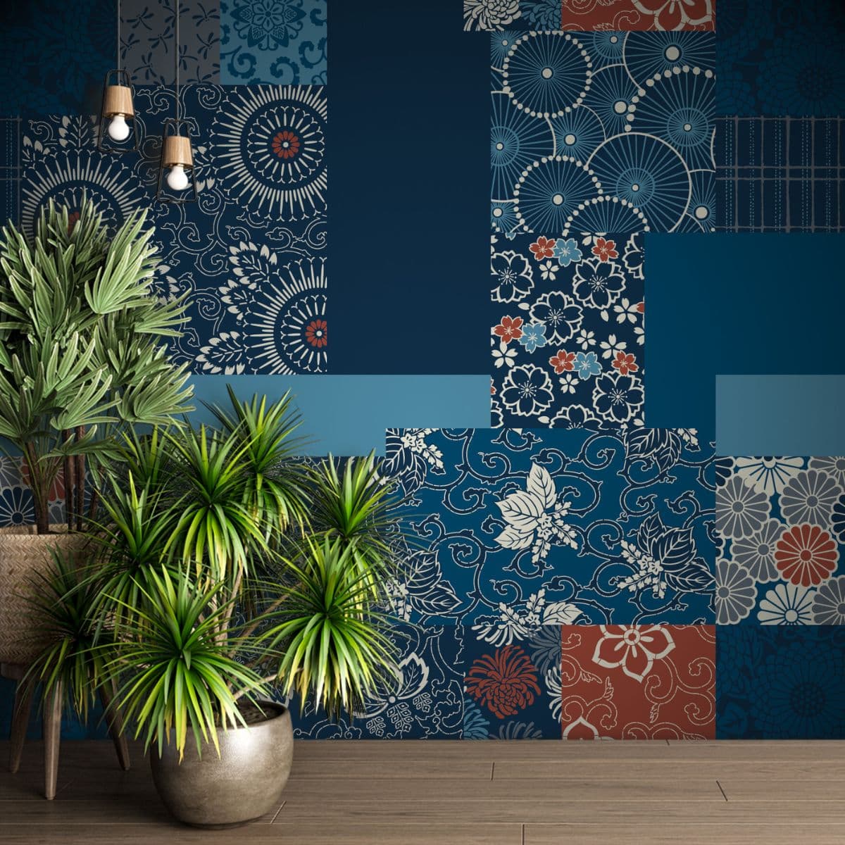 Blue Pattern Patchwork Wallpaper for Living Room shown in a room
