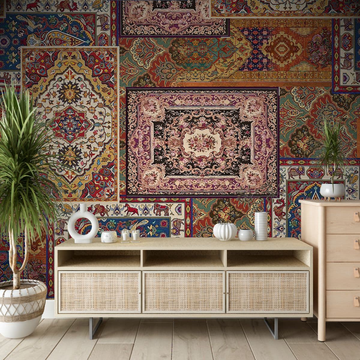 Royal Resplendence Patchwork Wall Décor Premium Texture Wallpaper shown in a room