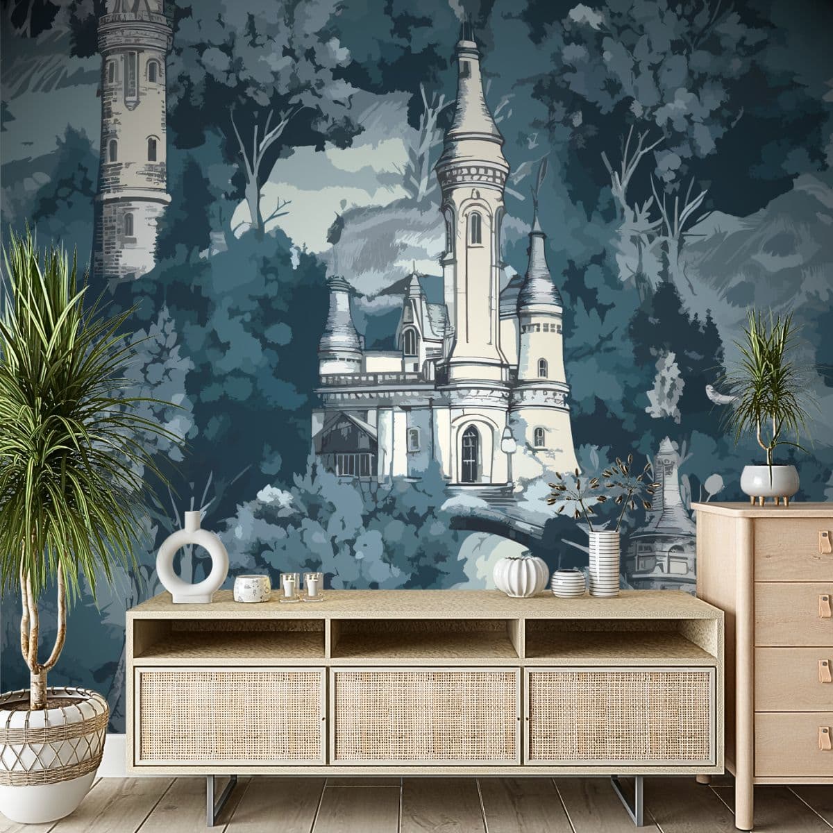 Mystical Mural Modern Wallpaper for Drawing Room shown in a room
