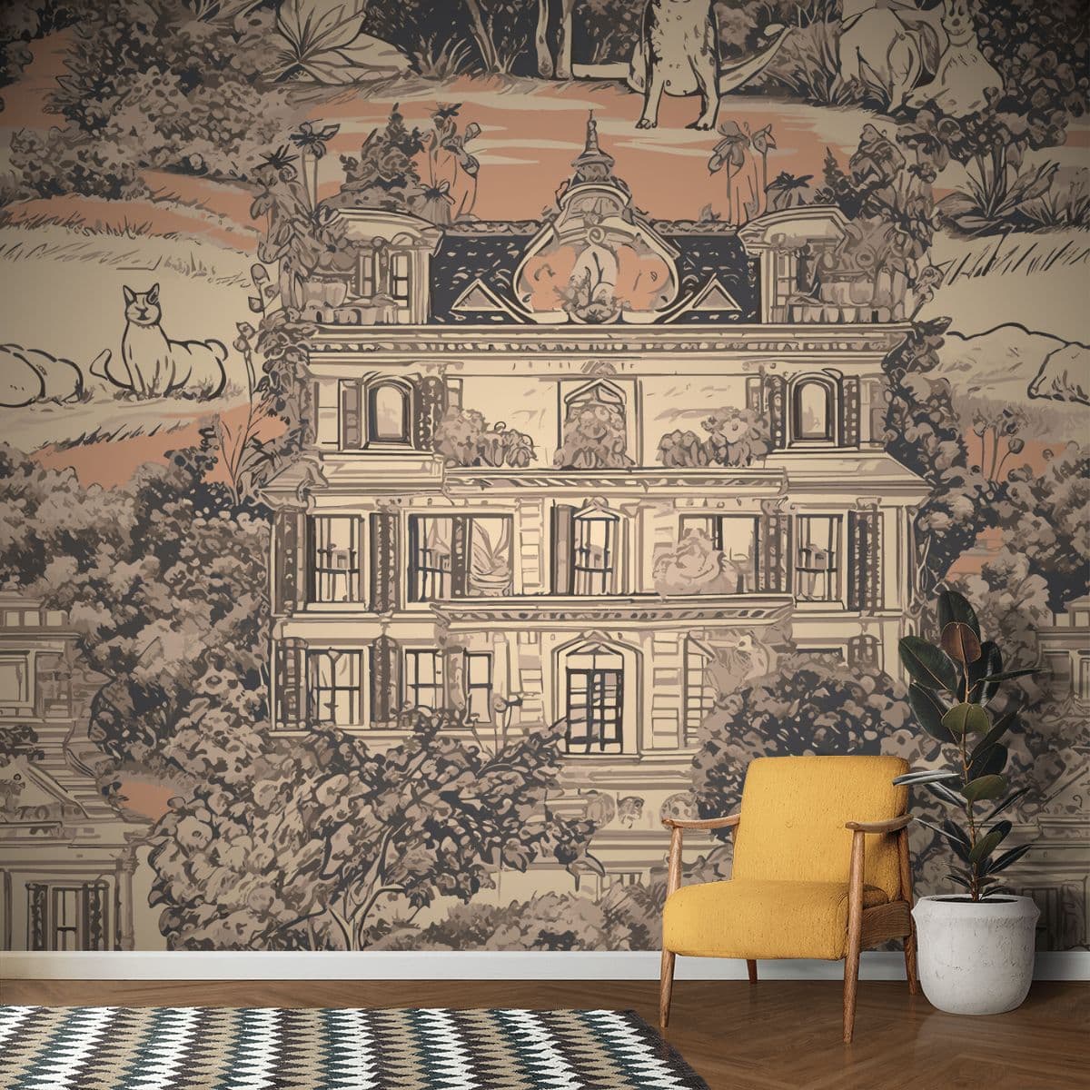 Retro Revival Modern Living Room Wallpaper shown in a room