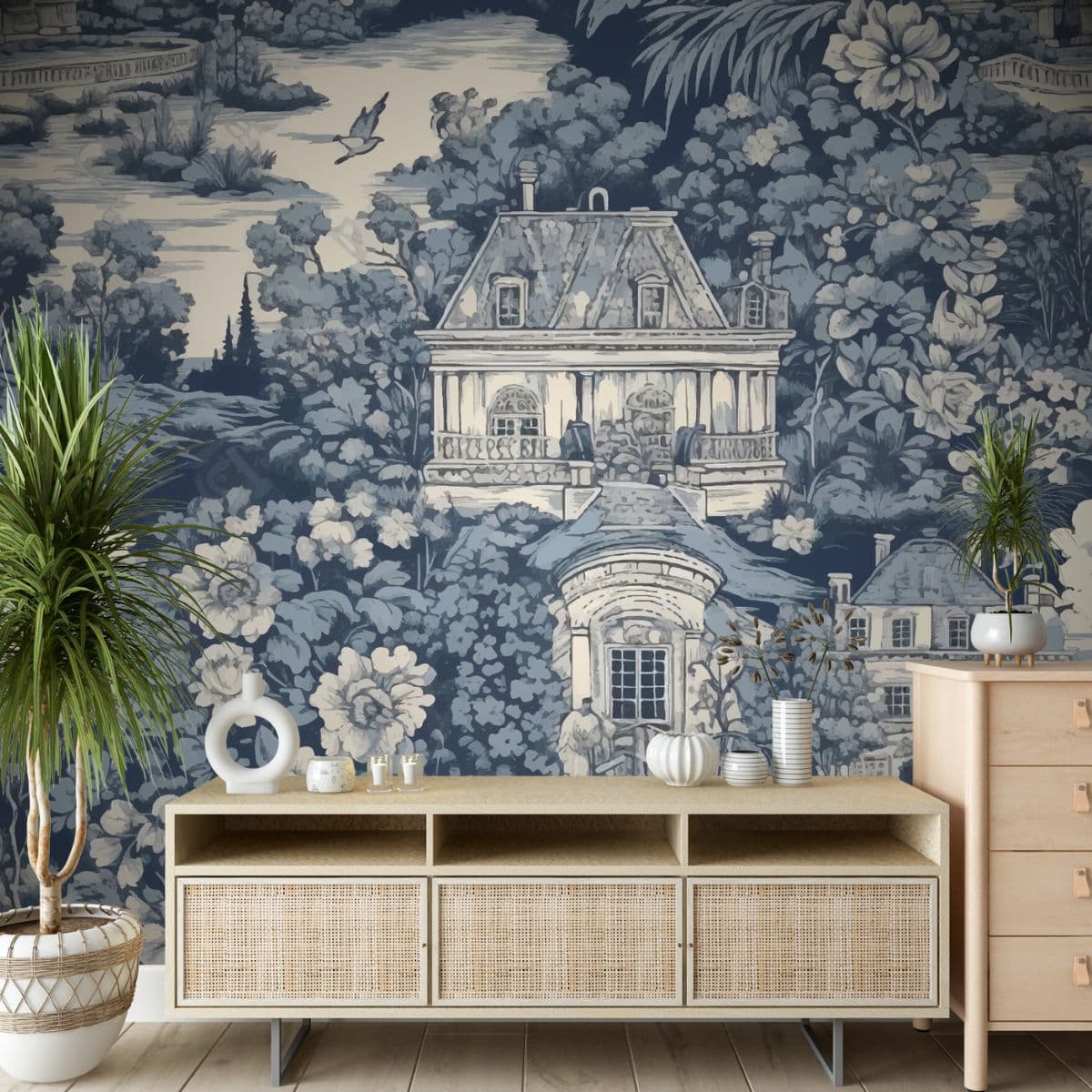 Serene Strokes Modern Living Room Wallpaper shown in a room