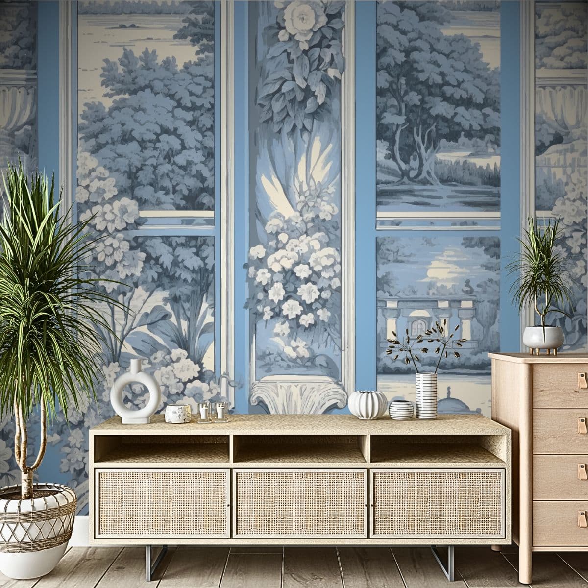 Watercolour Whispers Modern Living Room Wallpaper shown in a room