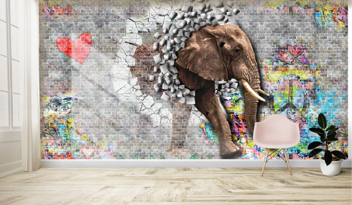 3D Elephant Graffiti Wall Art Wallpaper Mural shown in a room