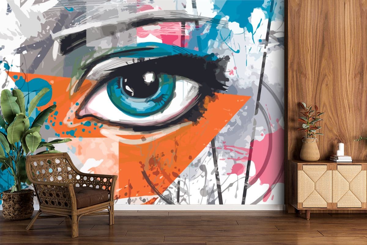Blue Eyes Graffiti Art Wallpaper for Wall shown in a room