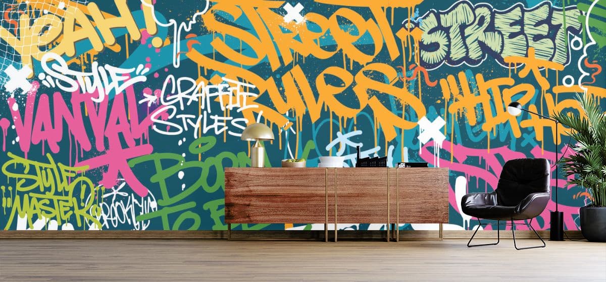 Colorful Graffiti Wall Art Wallpaper for Wall shown in a room